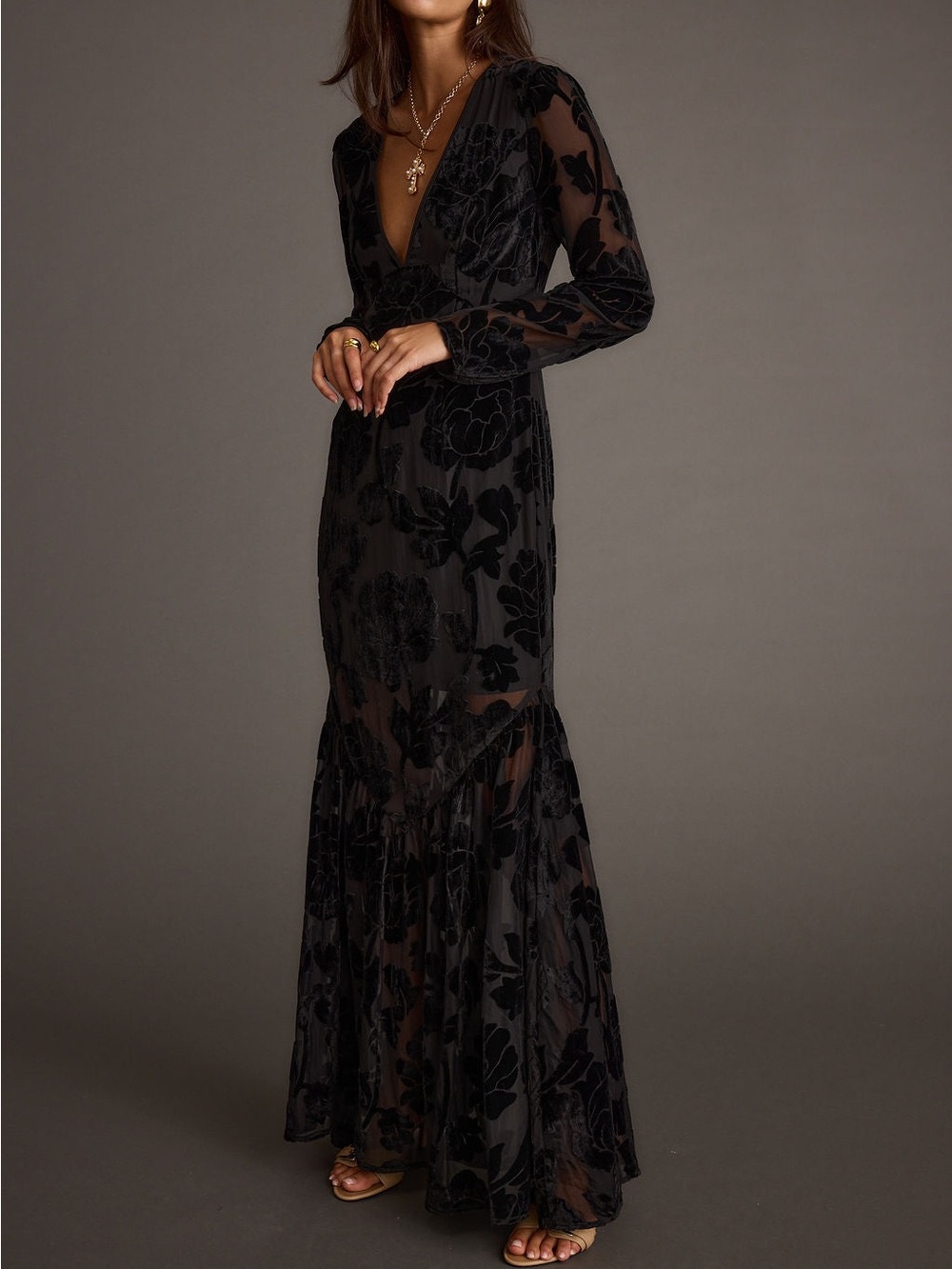 12th Tribe Angela Velvet Burnout Black Floral Velvet Maxi Dress Vamp Goth whimsy